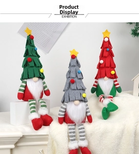 Three Christmas tree gnomes in green, grey, and red with stars and striped legs