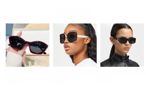 Detailed grid of oversized polygon and cat-eye sunglasses in various gradient colors