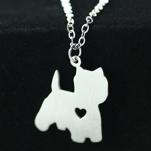 Silver stainless steel dog silhouette necklace with a heart cutout and O-chain