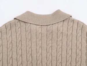 Detail view of oatmeal cable knit polo sweater showing classic collar and texture