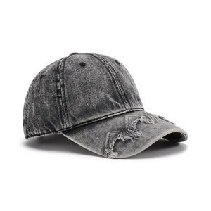 Distressed dark gray washed denim baseball cap with vintage frayed brim details