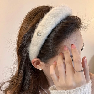 Light gray flocked wide headband with plush velvet texture for elegant winter hair styling