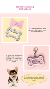Instructional view showing rhinestone bone pet tag with insertable mini photo frame card