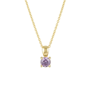 Detail of a gold O-chain necklace featuring a round purple gemstone in a 4-prong setting