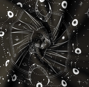 Detailed macro view of soft tapestry fabric with sun and moon celestial printing