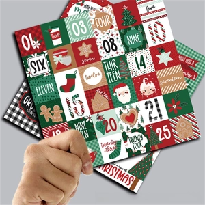 Close-up of 25 vintage Christmas countdown stickers with festive holiday patterns
