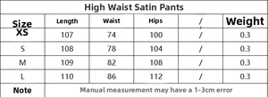 Tableau des tailles détaillé pour pantalon en satin taille haute avec mesures précises