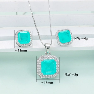 Square emerald-cut paraiba color jewelry set with pendant necklace and stud earrings