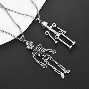 Retro gothic skull and robot pendant necklace in silver finish with long box chain for men