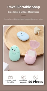 Close-up of portable bear-shaped soap paper cases with 50 dissolvable sheets for travel