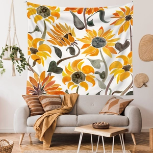 Detailed macro view of vibrant sunflower floral pattern on premium fabric wall tapestry