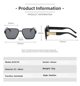 Detailed size chart of oversized black polygonal sunglasses with gold metal hinges