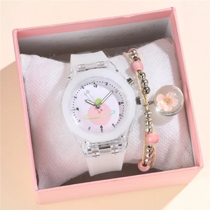 Montre LED lumineuse avec cadran pêche et bracelet en perles roses en coffret cadeau