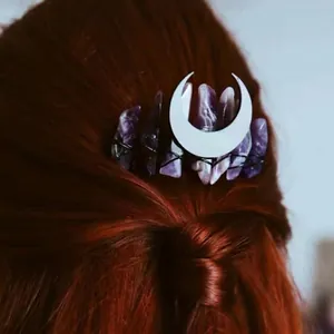 Handmade crescent moon hair comb with raw purple amethyst crystals for bridal styling