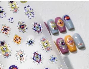 3D relief nail stickers with Halloween skull pumpkin patterns and colorful gemstones