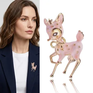 Cute pink enamel deer brooch with gold accents and zircon eye for women's blazer suit