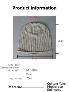 Size guide for thin breathable beanie showing 54-58cm circumference and cotton material