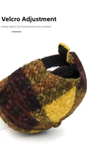 Detail of adjustable velcro strap on checkered fleece baseball cap for a custom fit
