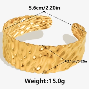 Macro view showing 18k gold plated stainless steel hammered cuff bracelet dimensions