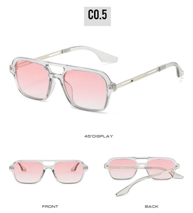 Three-view display of aviator sunglasses with pink gradient lenses and gold metal temples
