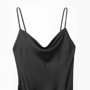 Elegant black satin slip dress featuring a cowl neck design and delicate spaghetti straps