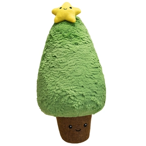 Plush Christmas tree toy with smiling star and fuzzy green texture on white backdrop