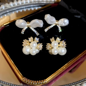 Elegant Bowknot Flower Faux Artificial Pearl Stud Earrings With Cubic Zirconia Gold Plated Silver Earring Post For Women Fashion