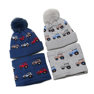 Kids Winter Hat And Scarf Set Acrylic Knit Fleece Lined Warm Ear Protection Truck Tractor Pattern Pom Pom For Boys