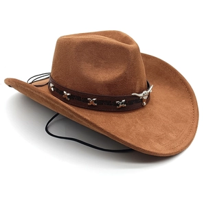 Detail eines Wildleder-Cowboyhuts mit braunem Lederband und silbernem Stierkopf-Dekor