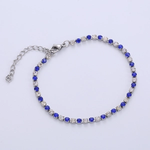 Silver stainless steel tennis bracelet featuring alternating blue and white cubic zirconia