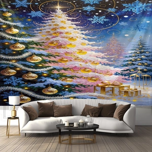 Artistic oil painting Christmas tree tapestry with golden gifts in a modern living room