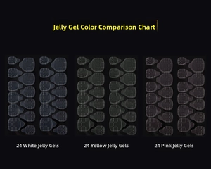 Macro detail of 24-piece adhesive nail tabs in white, yellow, and pink resin stickers