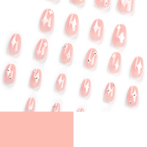 Pink jelly press-on nails with white star patterns and silver rhinestones in square shape