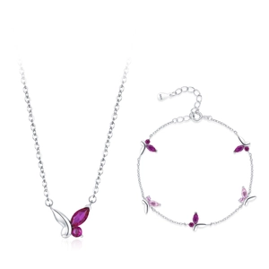Parure papillon en argent sterling S925 avec cristaux roses et violets