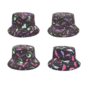 Gothic Bucket Hat Polyester Bat Pattern Halloween Wide Brim Sun Protection Breathable Outdoor Sunshade Fisherman Cap Men Women