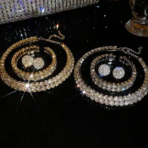Luxurious double-layer rhinestone necklace, bracelet and earrings jewelry set in gold and silver