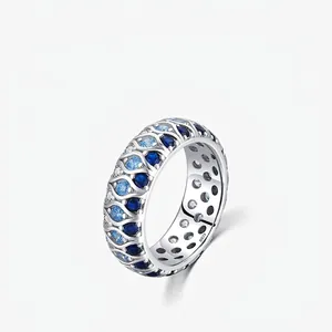 Elegant 925 Sterling Silver Ring Women Interwoven Hollow Wave Gradient Blue White Cubic Zirconia Fashion Finger Jewelry