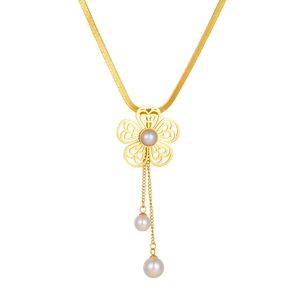 Elegant gold hollow flower pendant necklace with pearl fringe and stainless steel chain