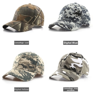 Showcase of four digital camo baseball caps in leaf, blue, yellow, and grey patterns