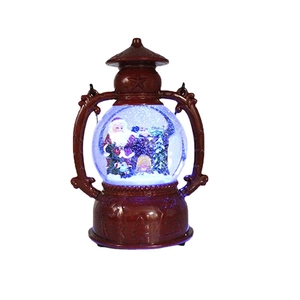 Brown Christmas lantern globe featuring Santa Claus and glowing snow effect on white background