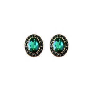 Vintage oval silver needle earrings with green gemstone and surrounding pavé crystals