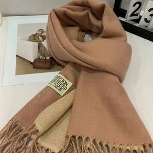 Fashionable color-block cashmere scarf with tassels and label on a stylish background