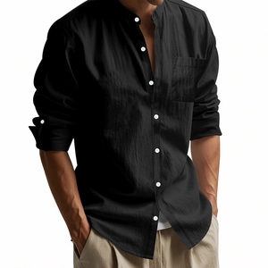 Detail of black linen shirt showing mandarin collar and white buttons on model