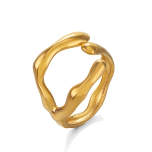 Irregular 18K gold plated stainless steel open ring with fluid organic design