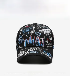 Front view detail of a black hip-hop baseball cap with colorful graffiti embroidery