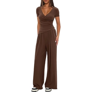 Detail of deep brown V-neck short sleeve top and high waist wide leg pants set