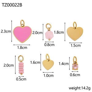 Detailed size and weight guide for six vintage heart-shaped stainless steel charms in gold and pink