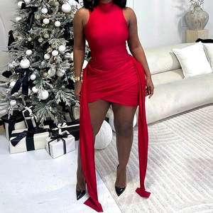 Red sleeveless bodycon dress with ruching and long side ribbons for party wear