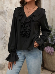 Blusa Elegante Para Mujer Con Cuello En V Y Volantes Color Negro Liso Manga Larga Poliéster Spandex Camisa