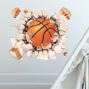 3D basketball wall sticker bursting through gray wall for bedroom sports decoration